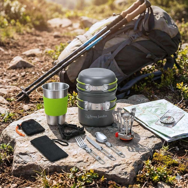 POPOTE DE CAMPING KIT CASSEROLES ALUMINIUM ET RECHAUD 12 PIECES TRAILGAZ PAN (6)
