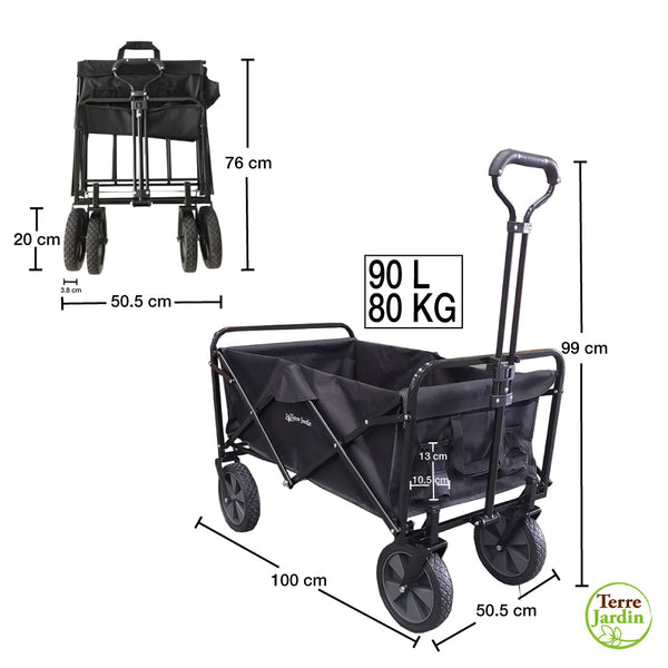 CHARIOT DE TRANSPORT PLIABLE NOIR 80KG 90L 100x50,5x99CM (2)