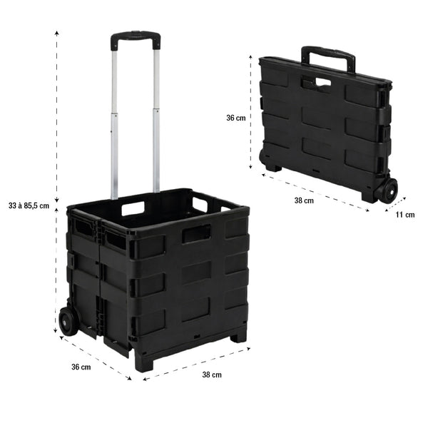 CHARIOT CAISSE PLIABLE ULTRA-SLIM 2 ROUES AVEC POIGNÉE TÉLESCOPIQUE 45L CHARGE MAX 25 KG NOIR (2)