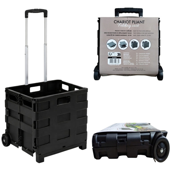 CHARIOT CAISSE PLIABLE ULTRA-SLIM 2 ROUES AVEC POIGNÉE TÉLESCOPIQUE 45L CHARGE MAX 25 KG NOIR (1)